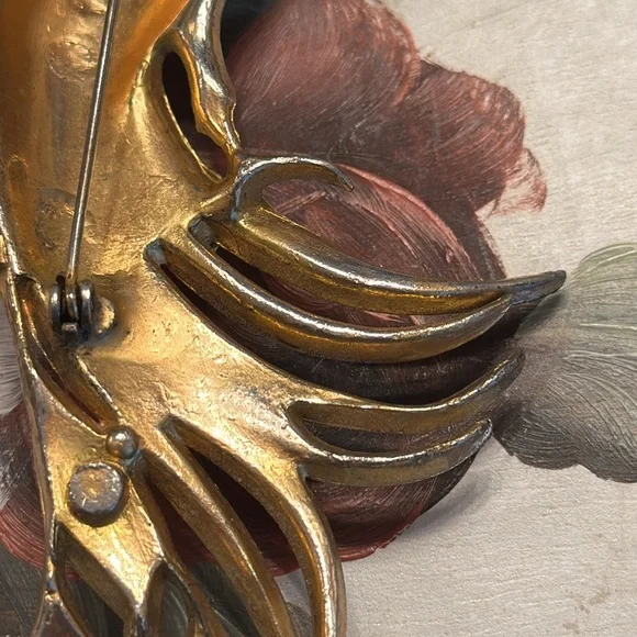 Vintage 30’s Bird of Paradise pot metal w/vermeil/rhinestones brooch 5 3/8” - Picture 8 of 14